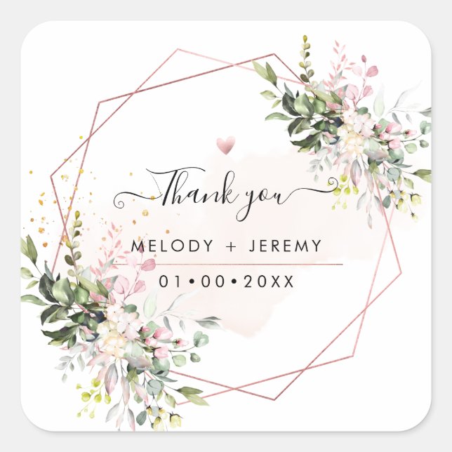 Elegant Watercolor Eucalyptus Blush Pink Thank You Square Sticker (Front)