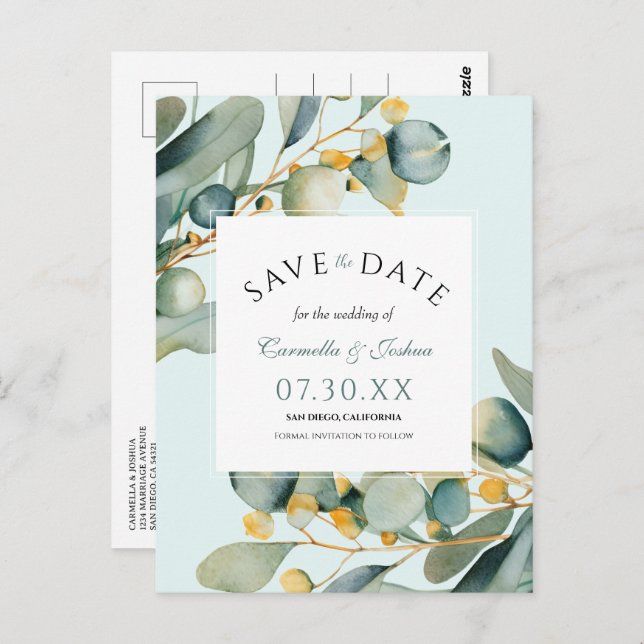 Elegant Watercolor Eucalyptus Boho Save The Date Postcard (Front/Back)