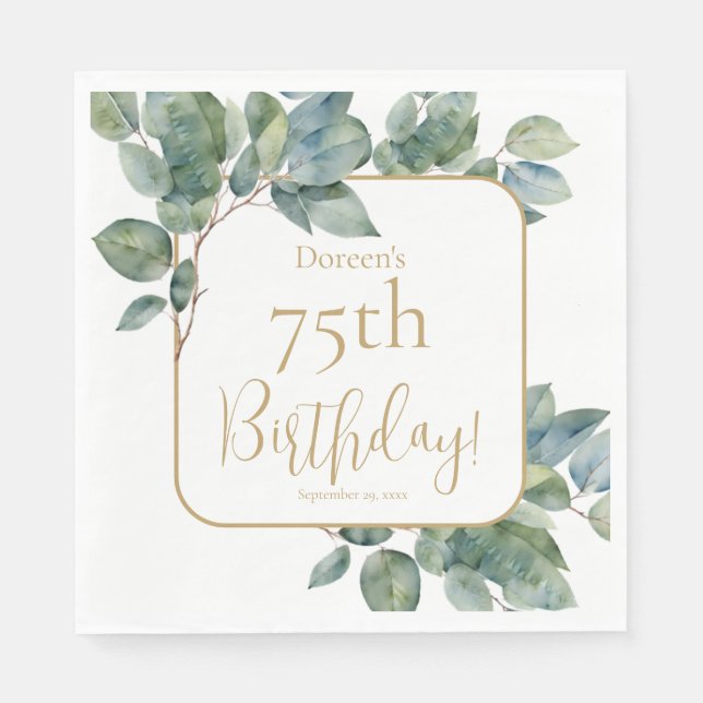 Elegant watercolor eucalyptus botanical birthday napkin (Front)
