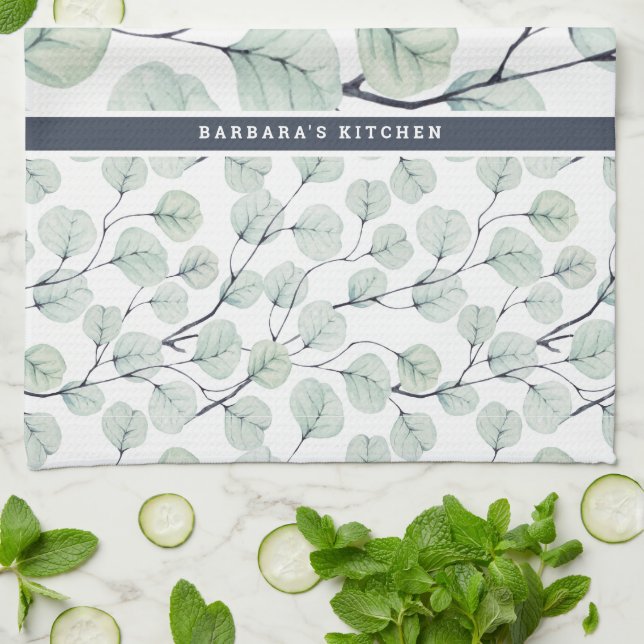 Elegant Watercolor Eucalyptus Botanical Monogram Tea Towel (Folded)