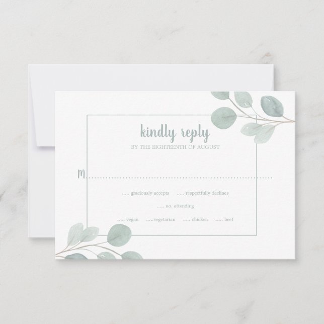 Elegant Watercolor Eucalyptus Branch Wedding RSVP Card (Front)