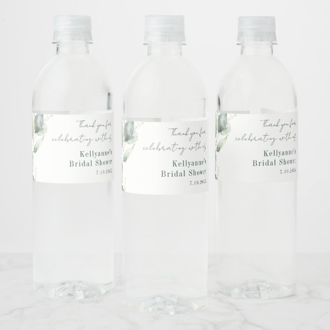 Elegant Watercolor Eucalyptus Bridal Shower Custom Water Bottle Label (Bottles)