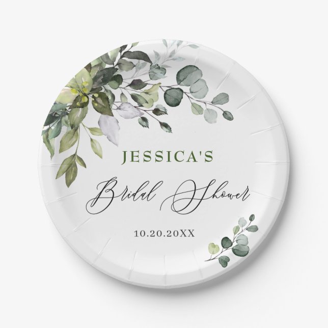 Elegant Watercolor Eucalyptus Bridal Shower Paper  Plate (Front)