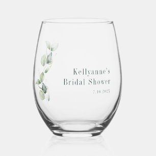 Elegant Watercolor Eucalyptus Bridal Shower Stemless Wine Glass
