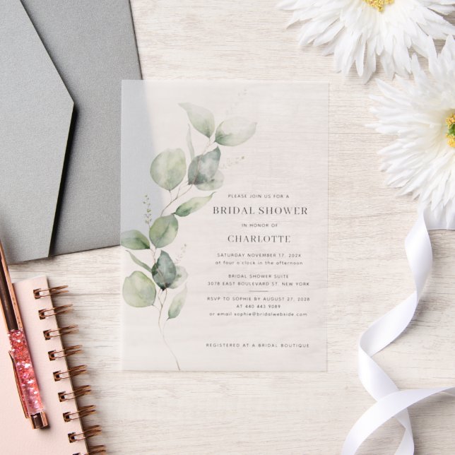 Elegant Watercolor Eucalyptus Bridal Shower Vellum Invitations (Wedding)