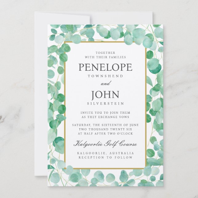 Elegant Watercolor Eucalyptus Destination Wedding Invitation (Front)