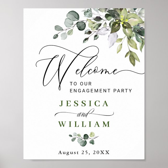 Elegant Watercolor Eucalyptus Engagement Party Poster (Front)