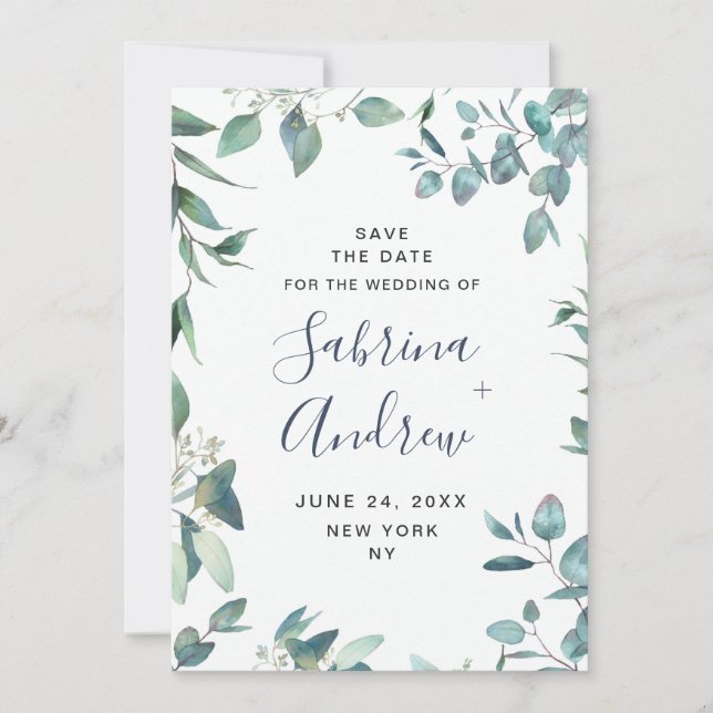 Elegant Watercolor Eucalyptus Floral Wedding Save The Date (Front)