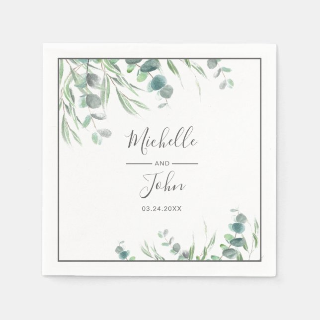 Elegant Watercolor Eucalyptus Foliage Name Wedding Napkin (Front)