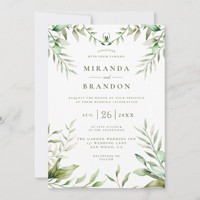 Elegant Watercolor Eucalyptus Foliage Wedding Invitation (Front)