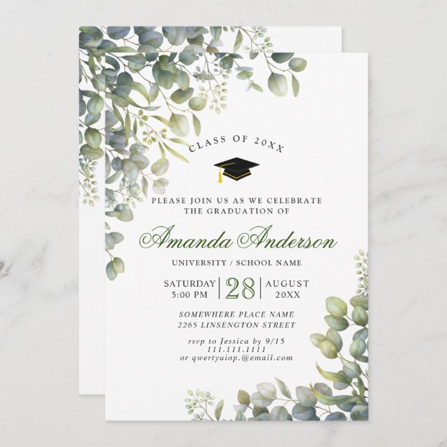 Elegant Watercolor Eucalyptus Graduation Party Invitation (Front/Back)