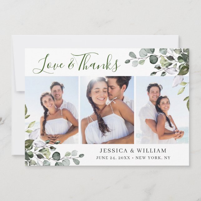 Elegant Watercolor Eucalyptus Greenery 3 PHOTO Thank You Card (Front)