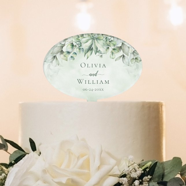 Elegant Watercolor Eucalyptus Greenery Wedding Cake Pick