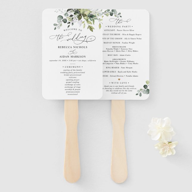  Elegant Watercolor Eucalyptus Greenery Wedding Ha Hand Fan (Front and Back)