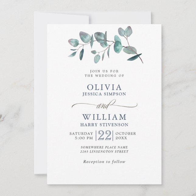 Elegant Watercolor Eucalyptus Greenery Wedding Invitation (Front)