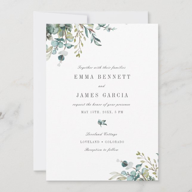Elegant Watercolor Eucalyptus Greenery Wedding Invitation (Front)