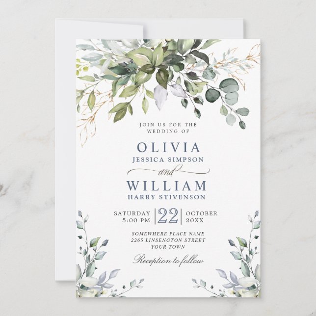 Elegant Watercolor Eucalyptus Greenery Wedding Invitation (Front)