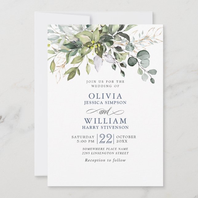 Elegant Watercolor Eucalyptus Greenery Wedding Invitation (Front)