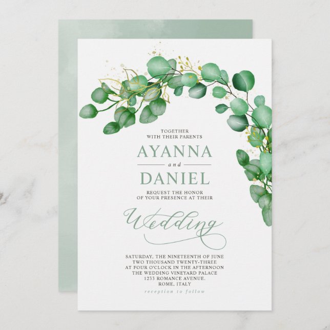 Elegant Watercolor Eucalyptus Greenery Wedding Invitation (Front/Back)