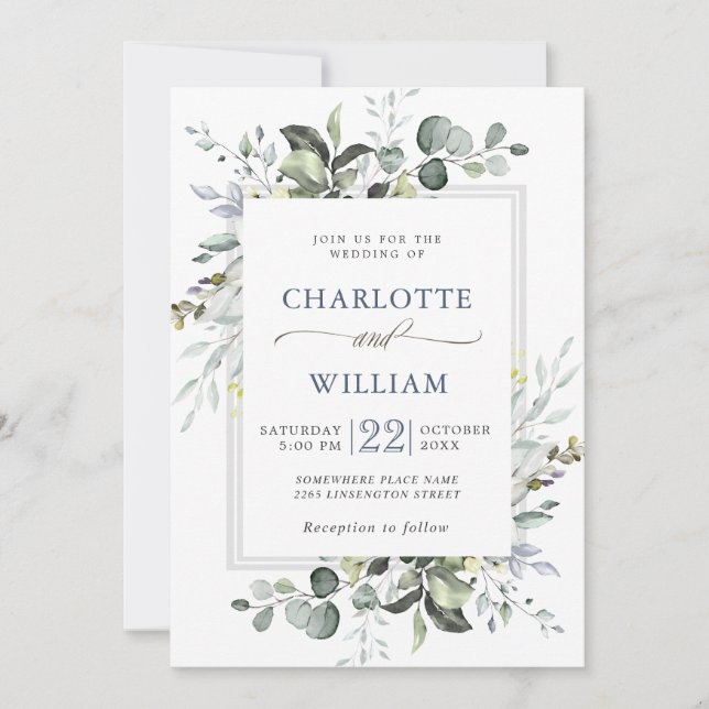 Elegant Watercolor Eucalyptus Greenery Wedding Invitation (Front)
