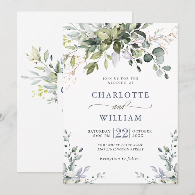 Elegant Watercolor Eucalyptus Greenery Wedding Invitation (Front/Back)