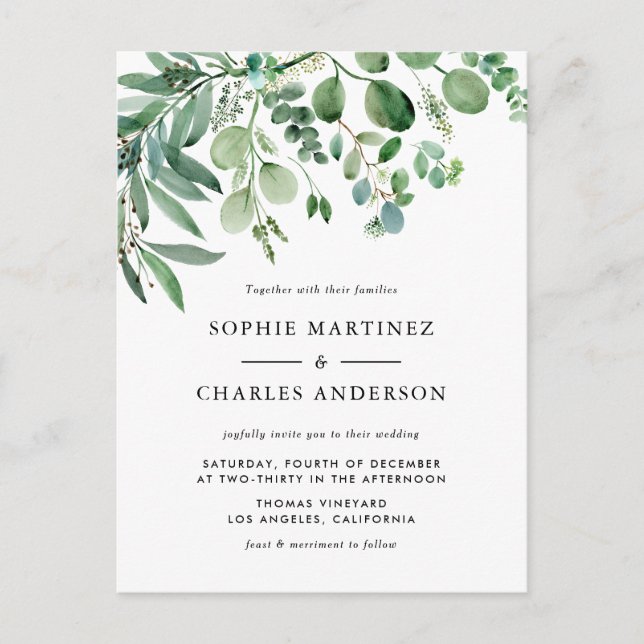 Elegant Watercolor Eucalyptus Greenery Wedding Invitation Postcard (Front)