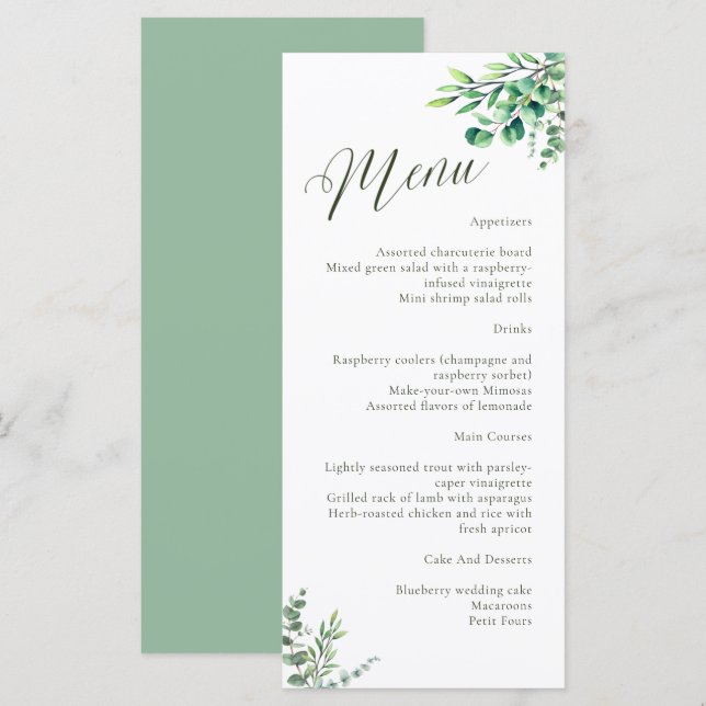 Elegant Watercolor Eucalyptus Greenery Wedding Menu (Front/Back)