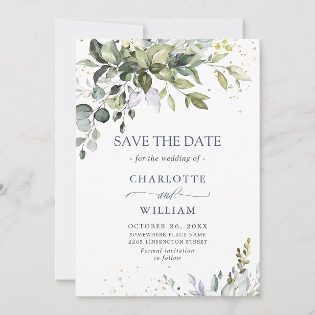 Elegant Watercolor Eucalyptus Greenery Wedding Save The Date (Front)