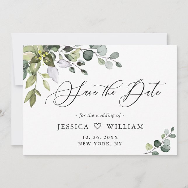 Elegant Watercolor Eucalyptus Greenery Wedding Save The Date (Front)