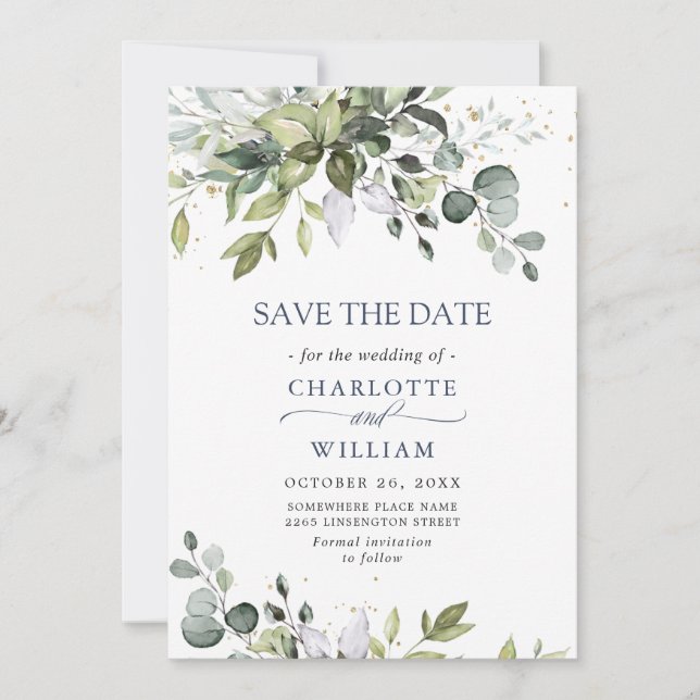 Elegant Watercolor Eucalyptus Greenery Wedding Save The Date (Front)