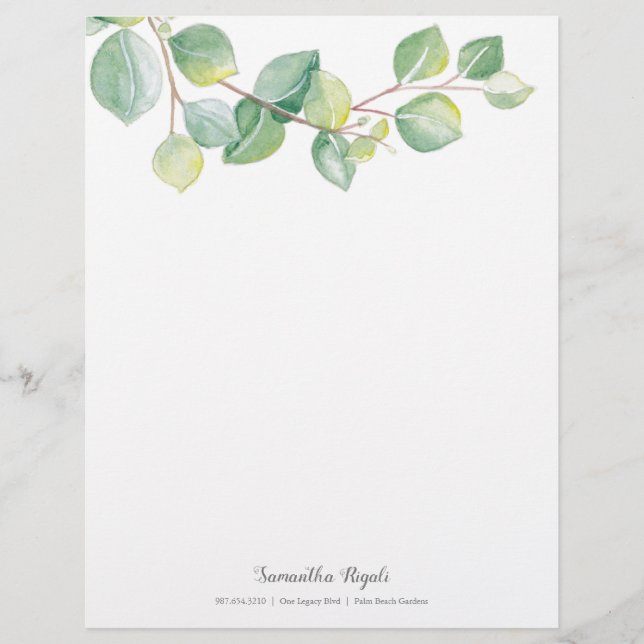Elegant Watercolor Eucalyptus Leaves Custom Letterhead (Front)