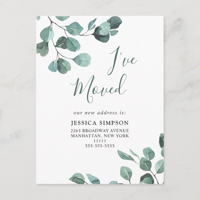Elegant Watercolor Eucalyptus Moving Announcement Postcard (Front)