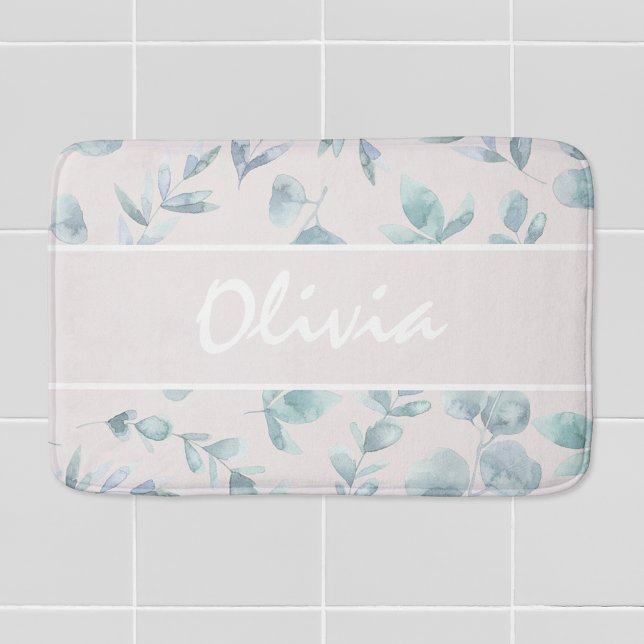 Elegant Watercolor Eucalyptus Personalized Name Bath Mat (Creator Uploaded)