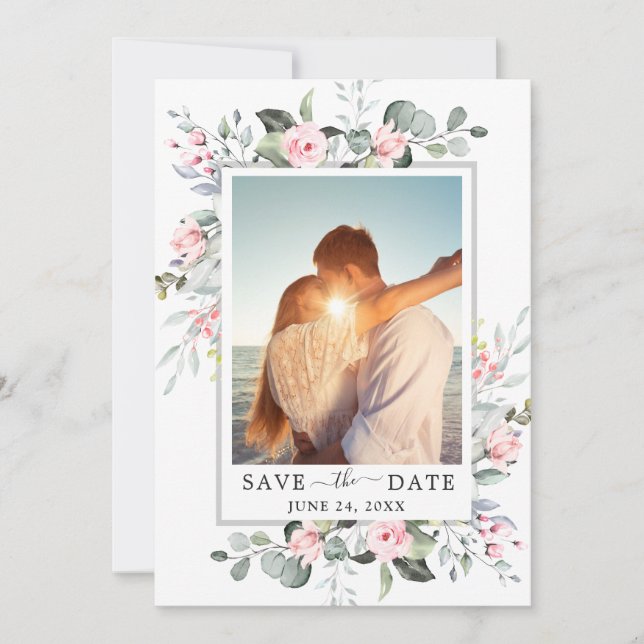 Elegant Watercolor Eucalyptus PHOTO Wedding Save T The Date (Front)