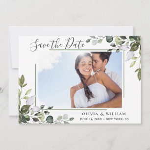Elegant Watercolor Eucalyptus PHOTO Wedding Save The Date