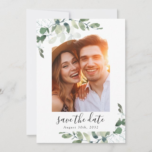 Elegant Watercolor Eucalyptus PHOTO Wedding Save The Date (Front)