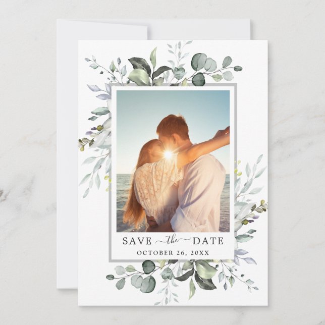 Elegant Watercolor Eucalyptus PHOTO Wedding Save The Date (Front)