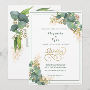 Elegant Watercolor Eucalyptus Plants Gold Filigree Invitation