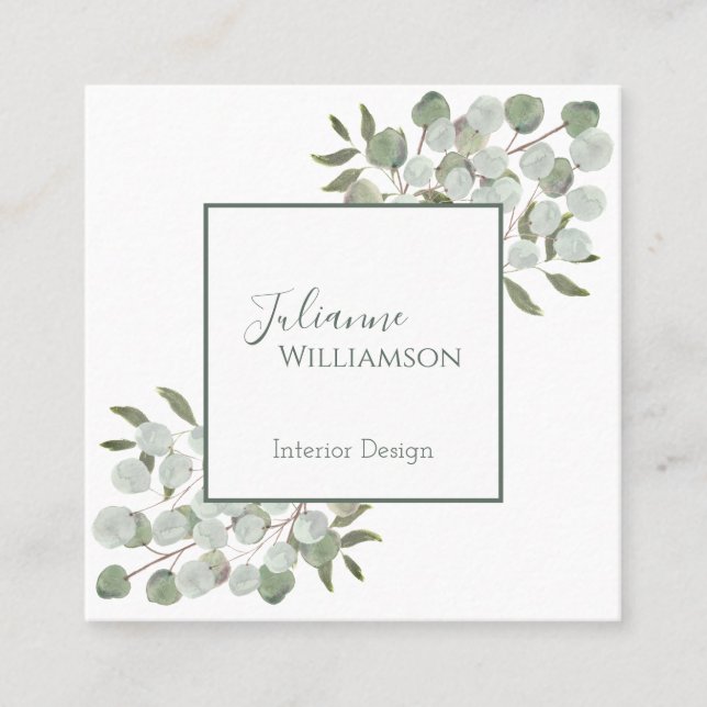 Elegant Watercolor Eucalyptus Sage Green Square Square Business Card (Front)