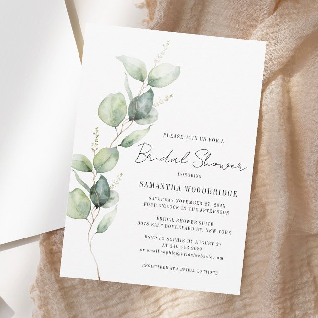 Elegant Watercolor Eucalyptus Script Bridal Shower Invitation (Elegant Watercolor Eucalyptus Script Bridal Shower Invitation)