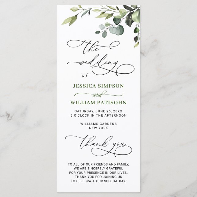 Elegant Watercolor Eucalyptus Wedding Ceremony Programme (Front)