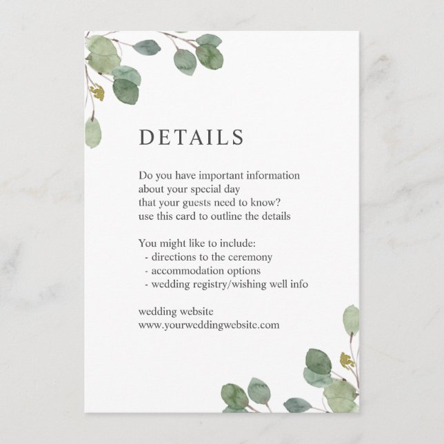 Elegant Watercolor Eucalyptus Wedding Details Enclosure Card (Front)