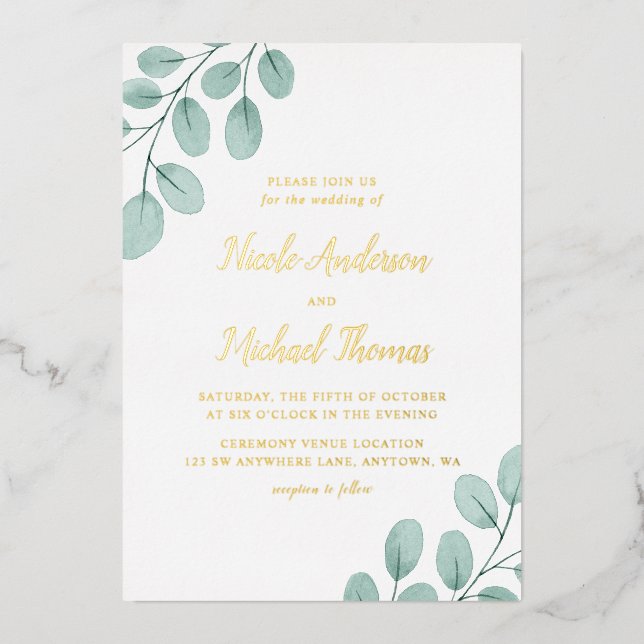 Elegant Watercolor Eucalyptus Wedding Gold (Front)