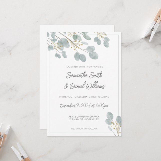 Elegant Watercolor Eucalyptus Wedding Invitation (Front/Back In Situ)