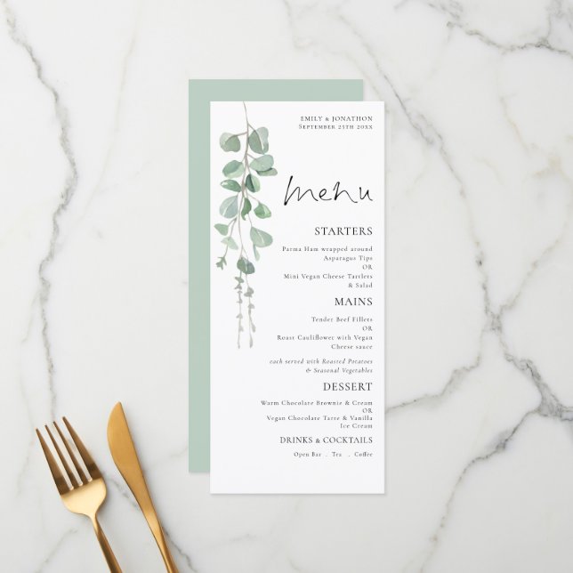 Elegant  Watercolor Eucalyptus Wedding Menu (Front/Back In Situ)