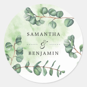 Elegant Watercolor Eucalyptus Wedding Names Classic Round Sticker