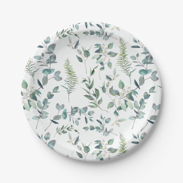 Elegant Watercolor Eucalyptus Wedding Party Paper Plate (Front)