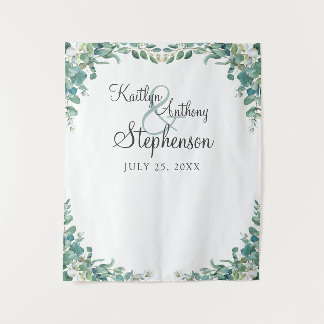 Elegant Watercolor Eucalyptus Wedding Photo Booth Tapestry (Front)