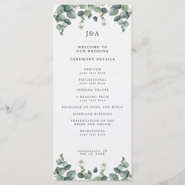Elegant Watercolor Eucalyptus Wedding Programme (Front)