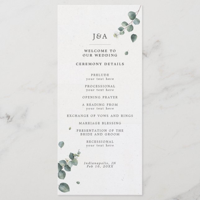 Elegant Watercolor Eucalyptus Wedding Programme (Front)